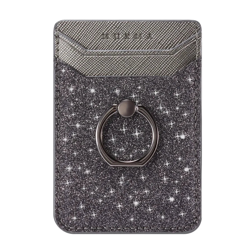 MUXMA MX112 RFID Blocking Adhesive Phone Card Holder Glittery Bling PU Leather Card Slot Pocket with Ring Stand - Black - 7