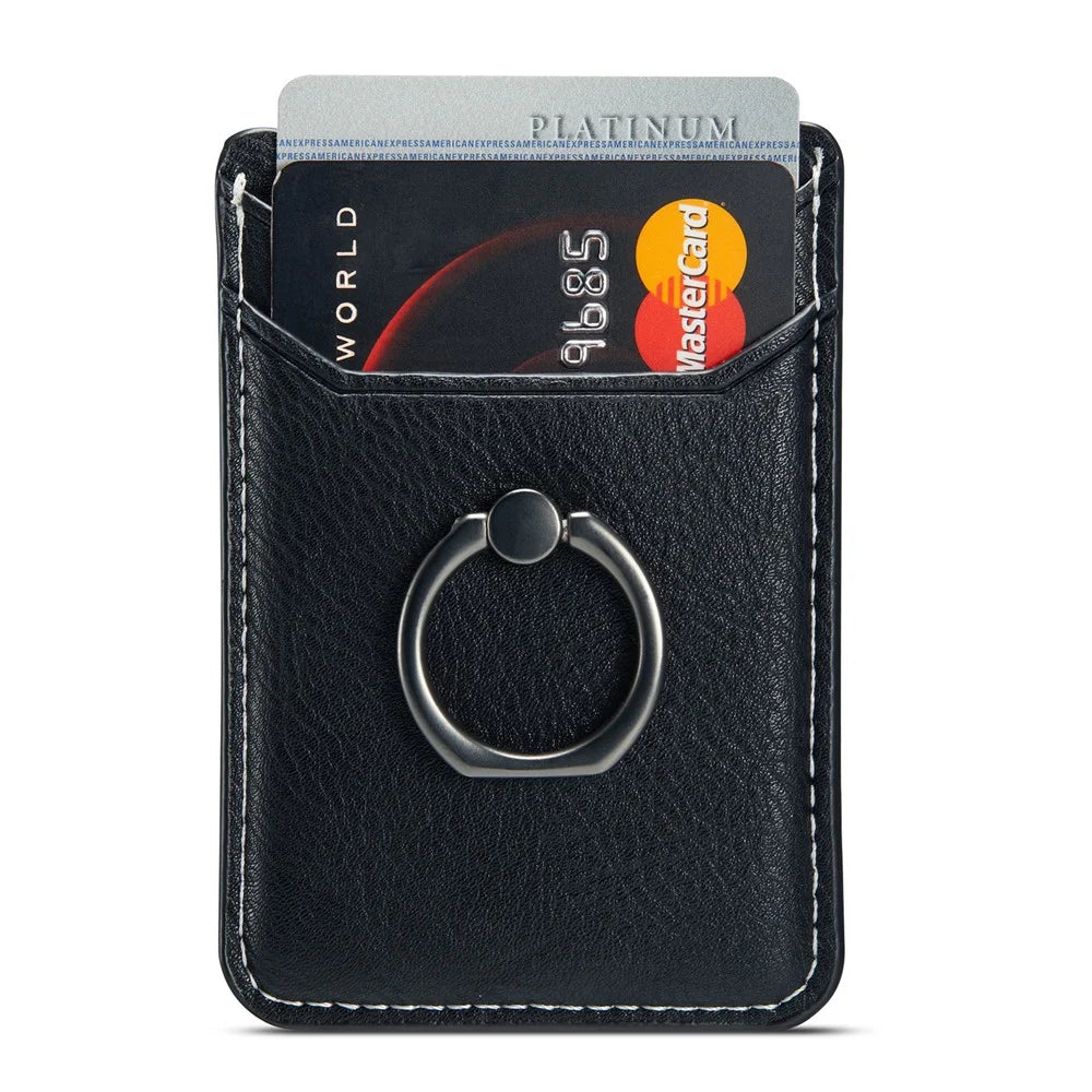 MUXMA MX112 Adhesive Phone Card Holder Ring Stand RFID Blocking Cowhide Texture Leather Card Pocket - Black - 1