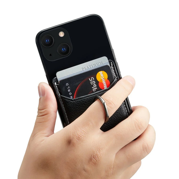 MUXMA MX112 Adhesive Phone Card Holder Ring Stand RFID Blocking Cowhide Texture Leather Card Pocket - Black - 3