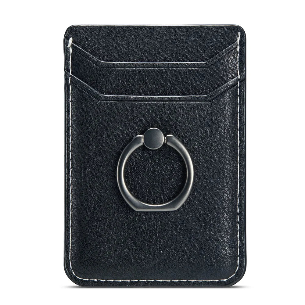 MUXMA MX112 Adhesive Phone Card Holder Ring Stand RFID Blocking Cowhide Texture Leather Card Pocket - Black - 6