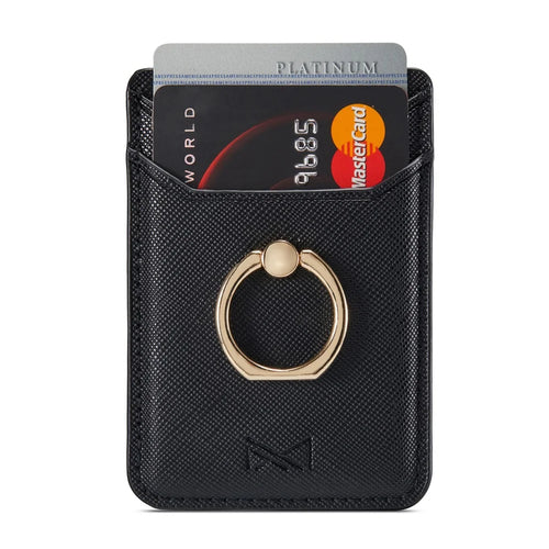 MUXMA MX112 Cross Texture Leather Phone Card Holder Ring Stand RFID Blocking Adhesive Credit Card Slot - Black - 1