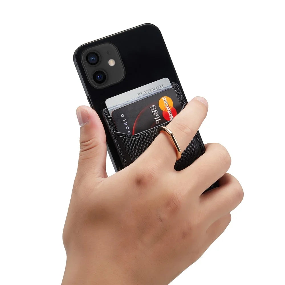 MUXMA MX112 Cross Texture Leather Phone Card Holder Ring Stand RFID Blocking Adhesive Credit Card Slot - Black - 3