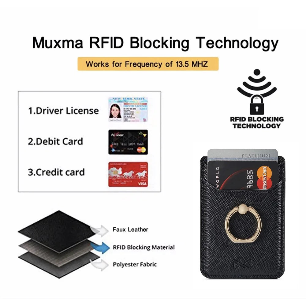 MUXMA MX112 Cross Texture Leather Phone Card Holder Ring Stand RFID Blocking Adhesive Credit Card Slot - Black - 5