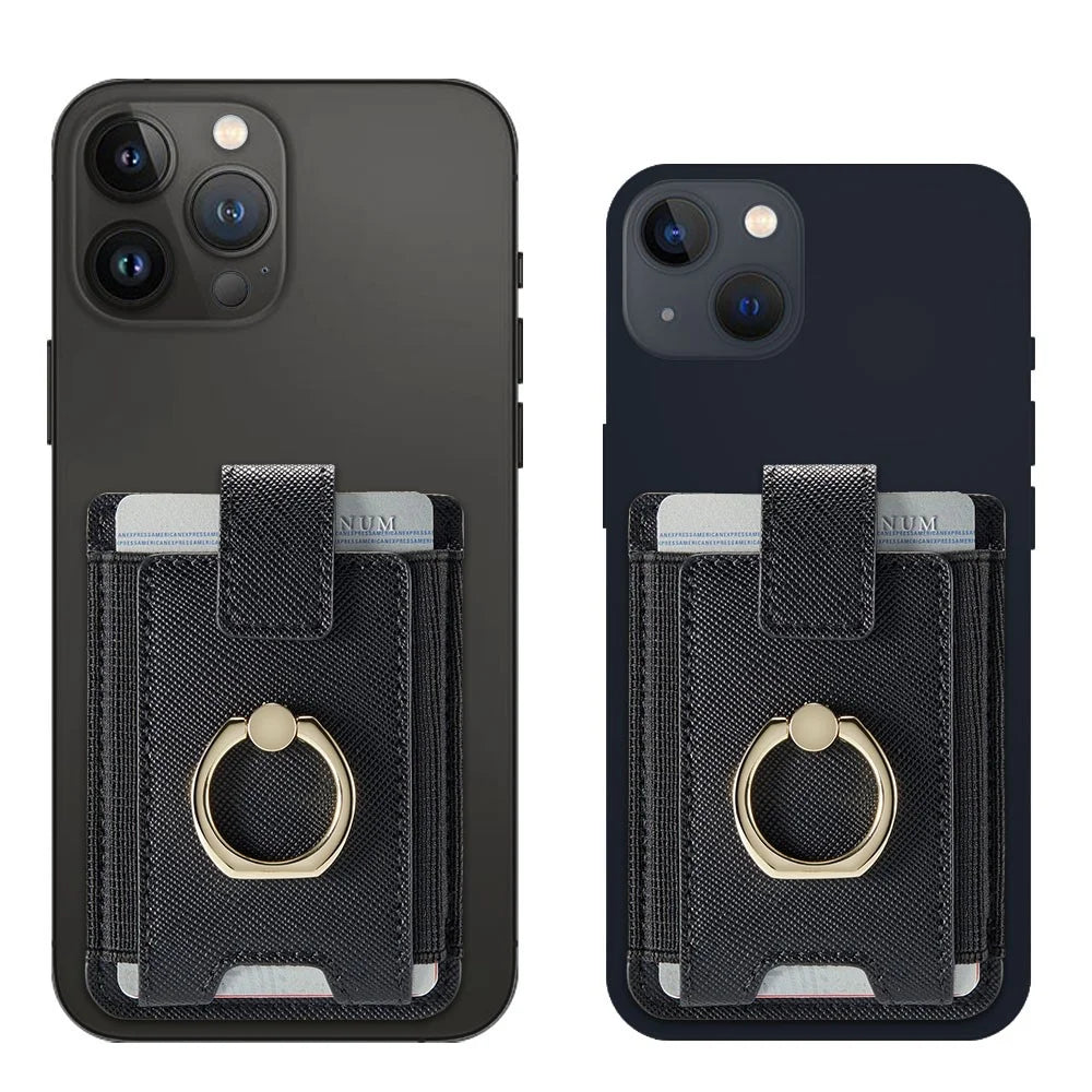 MUXMA MX116-8 Phone Card Holder RFID Blocking Sleeve for Back of Phone, Adhesive Stick-on Credit Card Wallet Pocket with Ring Grip - Black - 2