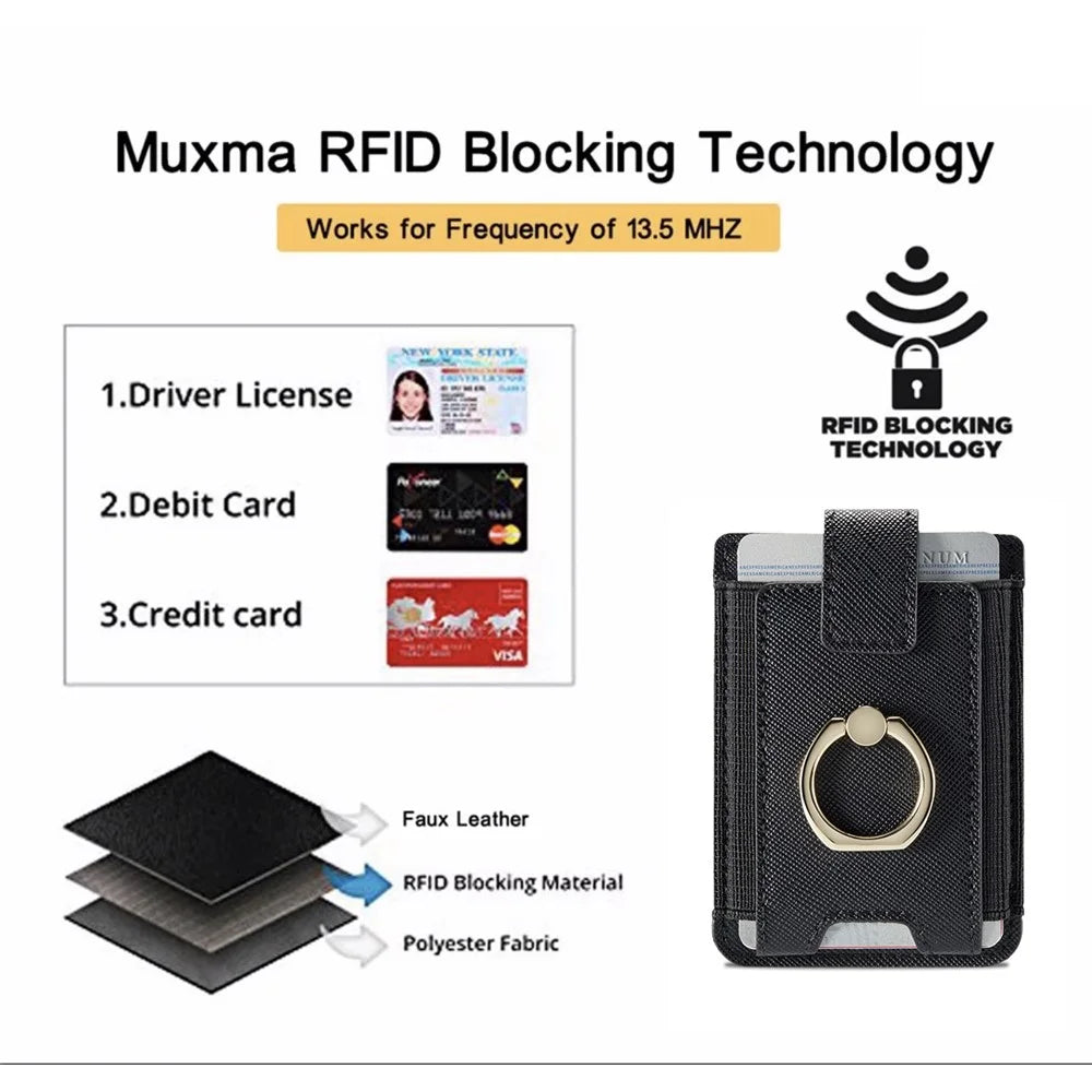 MUXMA MX116-8 Phone Card Holder RFID Blocking Sleeve for Back of Phone, Adhesive Stick-on Credit Card Wallet Pocket with Ring Grip - Black - 3