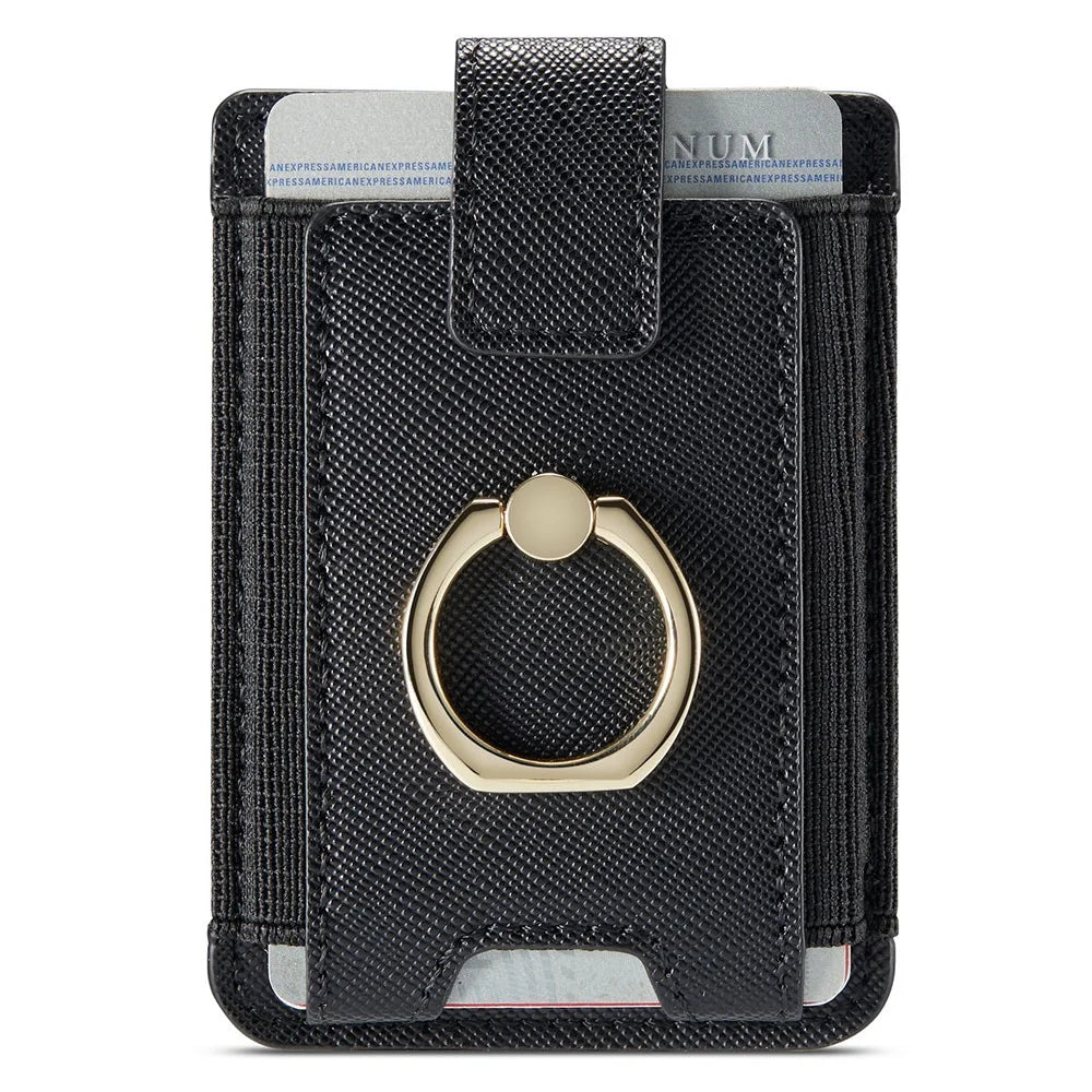 MUXMA MX116-8 Phone Card Holder RFID Blocking Sleeve for Back of Phone, Adhesive Stick-on Credit Card Wallet Pocket with Ring Grip - Black - 4