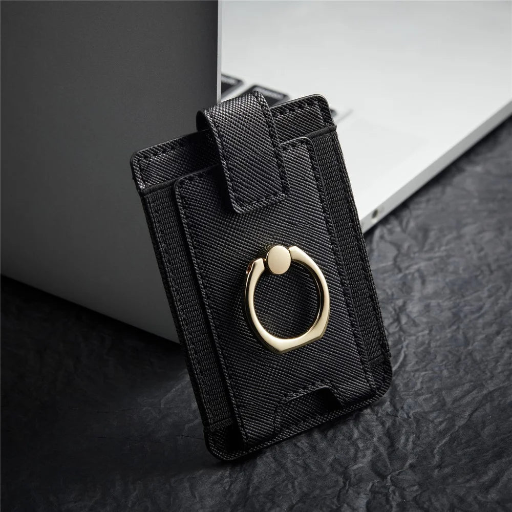 MUXMA MX116-8 Phone Card Holder RFID Blocking Sleeve for Back of Phone, Adhesive Stick-on Credit Card Wallet Pocket with Ring Grip - Black - 6