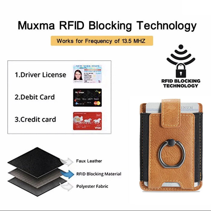 MUXMA MX116 Phone Card Holder RFID Blocking Ring Card Holder Sleeve Stick-On Pull up 8 Card Holder - Brown - 4