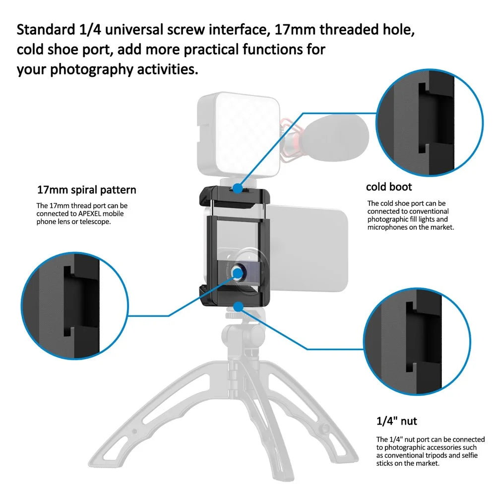 APEXEL F001 Portable Smartphone Clip Cage External Camera Clip with 1 / 4 Inch Screw Hole for Selfie Stick, Camera Stand Tripod Mount - 4