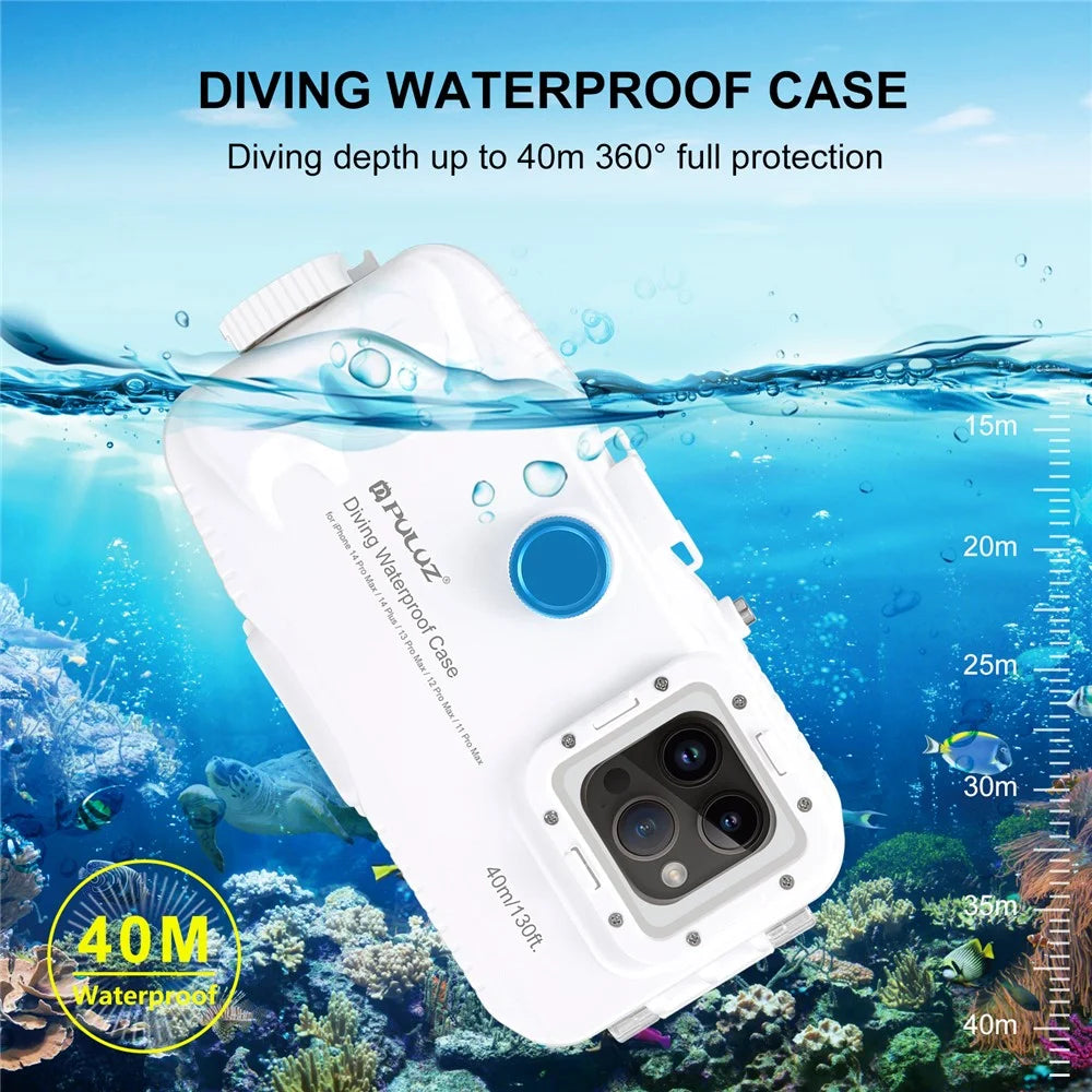 PULUZ PU9116W For iPhone 15 Pro Max / 15 Plus / 14 Plus / 14 Pro Max / 13 Pro Max / 12 Pro Max / 11 Pro Max Waterproof Case 40m / 130ft Underwater PC+Glass Phone Cover (Upgraded Version) - 2