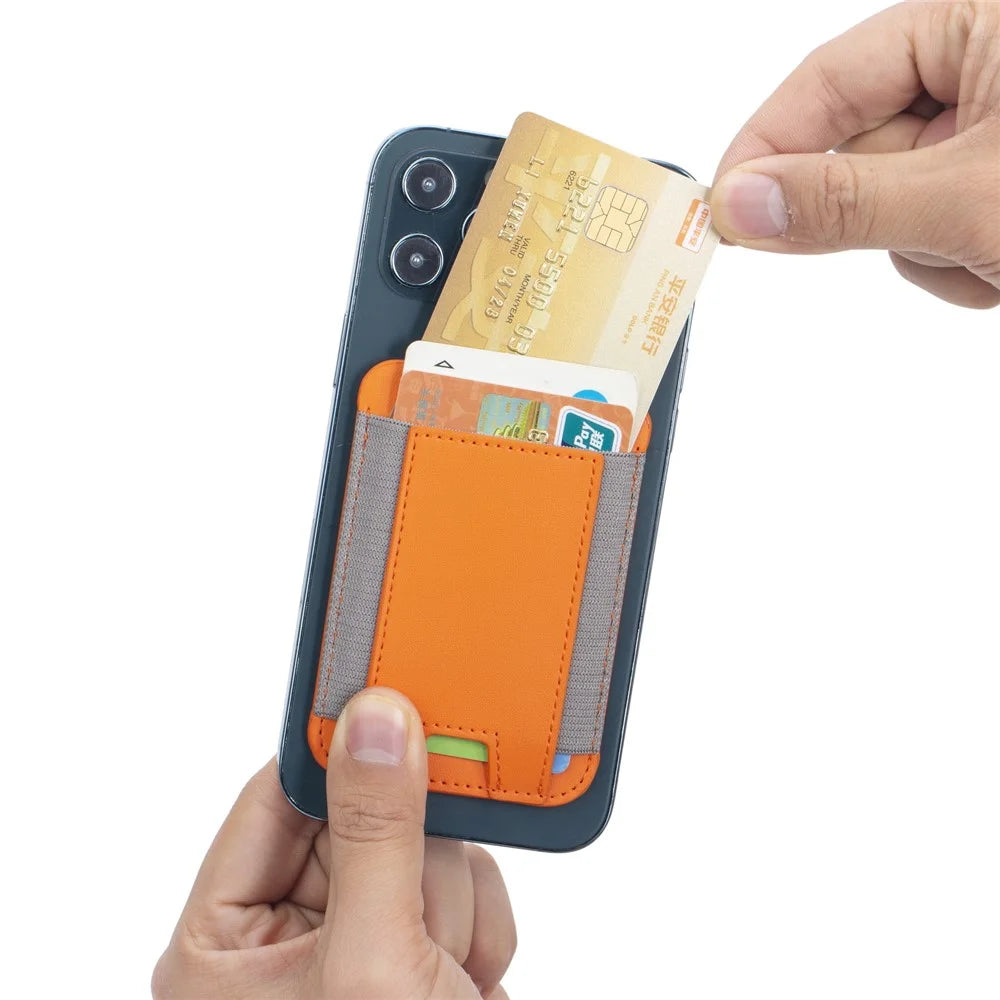 Stretchy Magnetic Card Holder for iPhone 14 / 13 / 12 Series PU Leather Card Cash Pouch Bag - Orange - 2