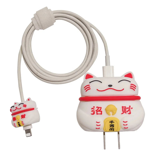 Fortune Cat Series Silicone Case for iPhone 18W / 20W Charger Adapter with Charging Cable Protector - White - 1