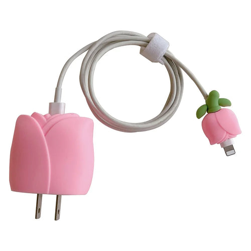 Tulip Series For iPhone 18W / 20W Wall Charger Silicone Protective Case Set with Charging Cable Protector - Pink - 1