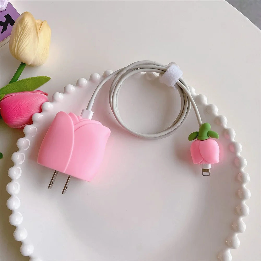 Tulip Series For iPhone 18W / 20W Wall Charger Silicone Protective Case Set with Charging Cable Protector - Pink - 2