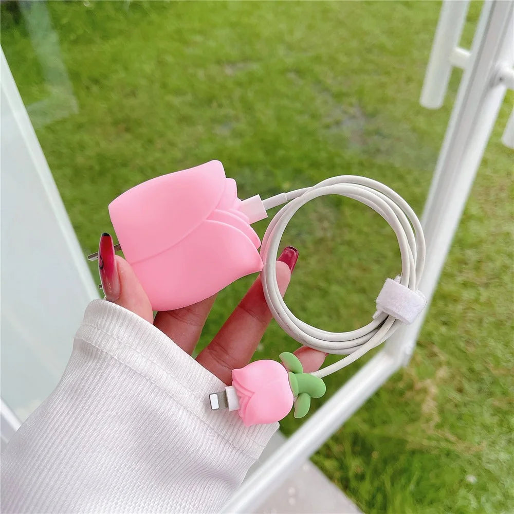 Tulip Series For iPhone 18W / 20W Wall Charger Silicone Protective Case Set with Charging Cable Protector - Pink - 3