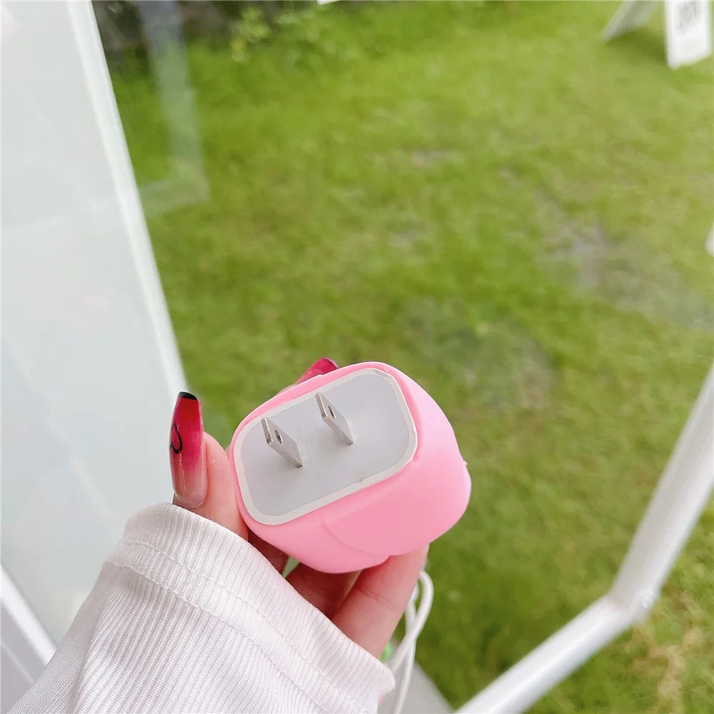 Tulip Series For iPhone 18W / 20W Wall Charger Silicone Protective Case Set with Charging Cable Protector - Pink - 5