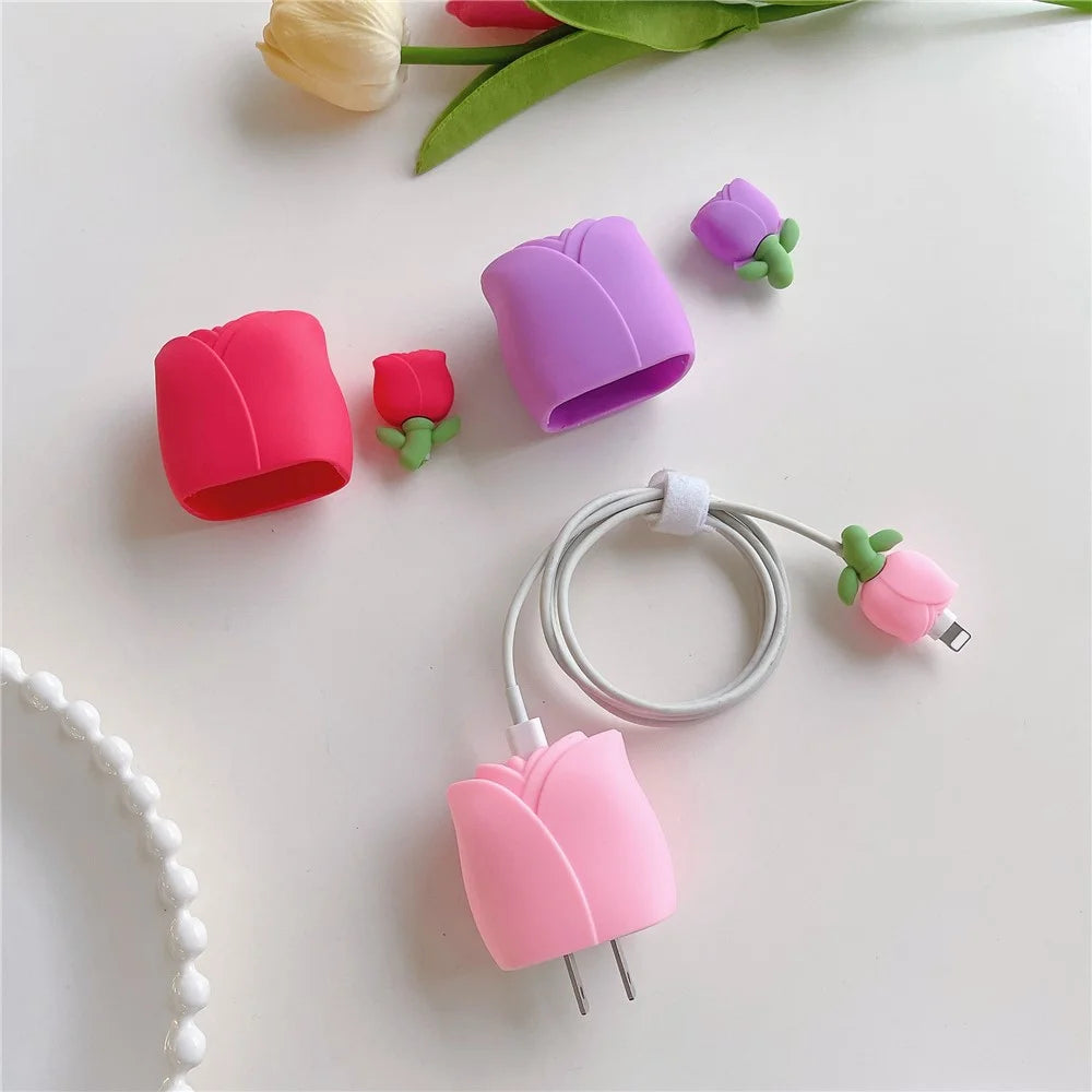 Tulip Series For iPhone 18W / 20W Wall Charger Silicone Protective Case Set with Charging Cable Protector - Pink - 6
