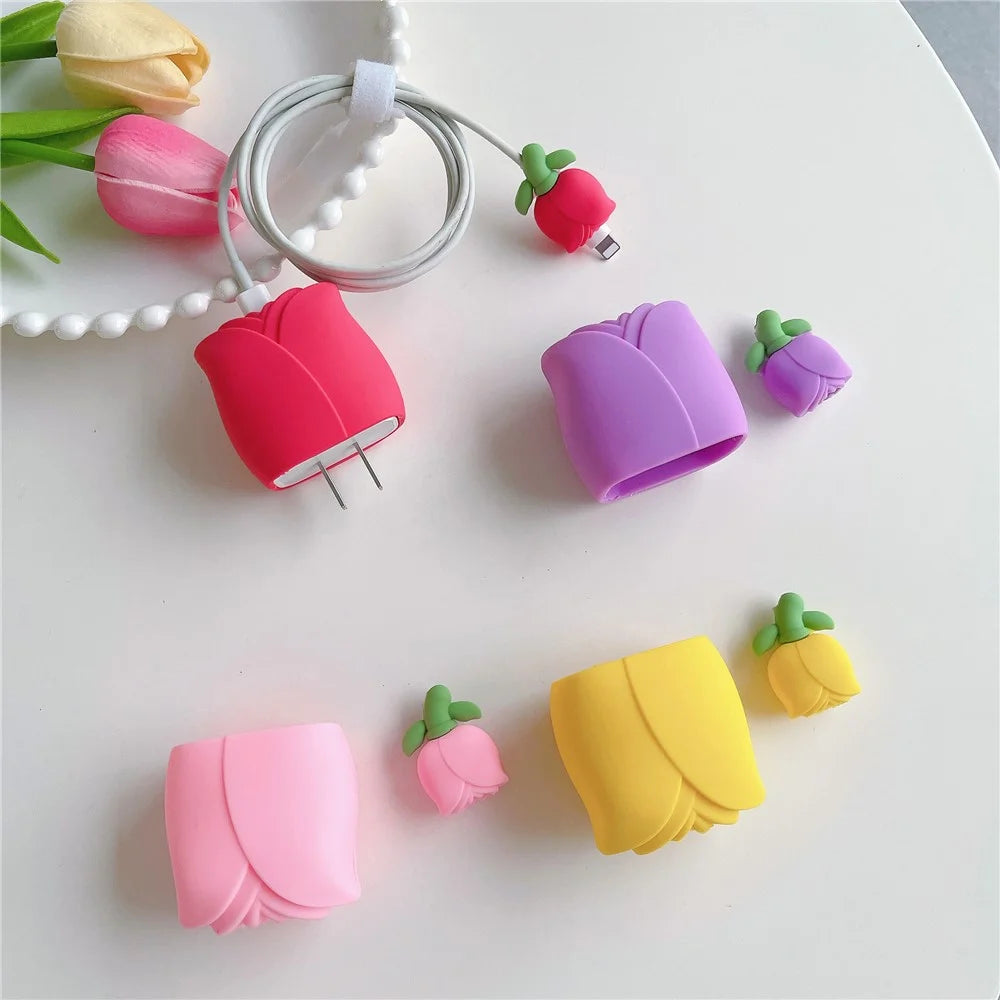 Tulip Series For iPhone 18W / 20W Wall Charger Silicone Protective Case Set with Charging Cable Protector - Pink - 7