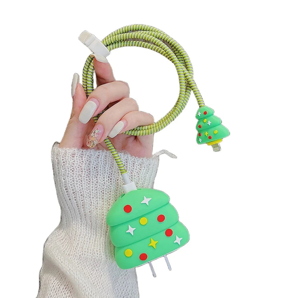 Christmas Style Silicone Cover for iPhone 18W / 20W Wall Charger Protective Case Set with Charging Cable Cover - Christmas Tree - 1