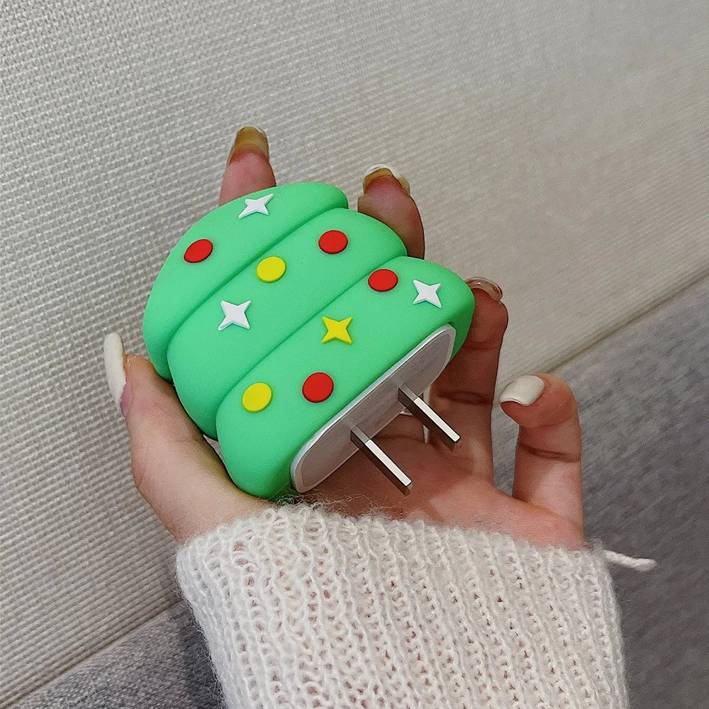 Christmas Style Silicone Cover for iPhone 18W / 20W Wall Charger Protective Case Set with Charging Cable Cover - Christmas Tree - 6