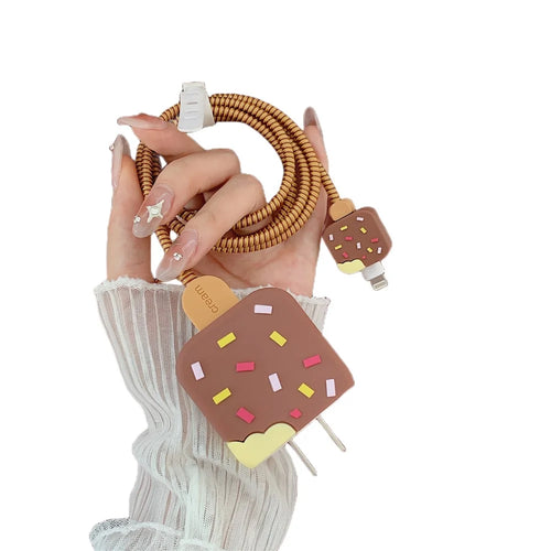 Ice Cream Style Silicone Case for iPhone 18W / 20W Charger Adapter Protector Set with Charging Cord Cover - Brown - 1
