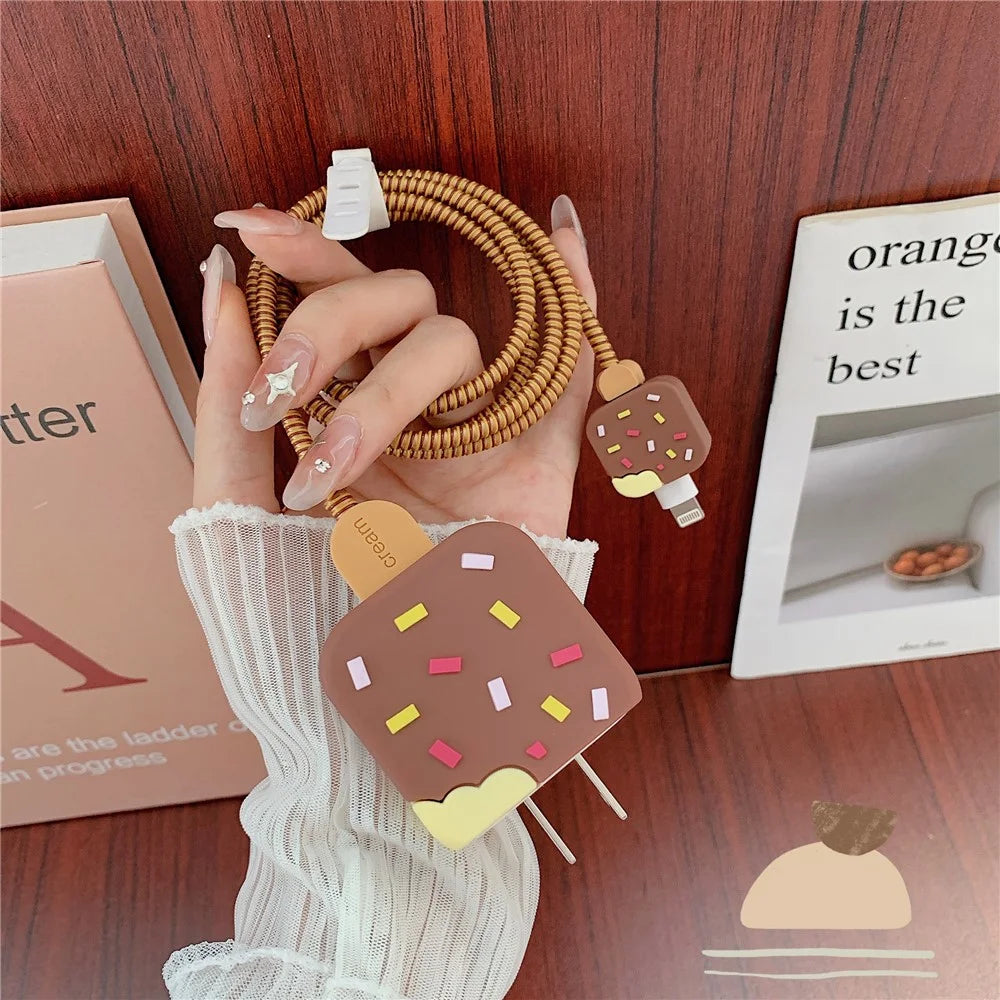 Ice Cream Style Silicone Case for iPhone 18W / 20W Charger Adapter Protector Set with Charging Cord Cover - Brown - 2