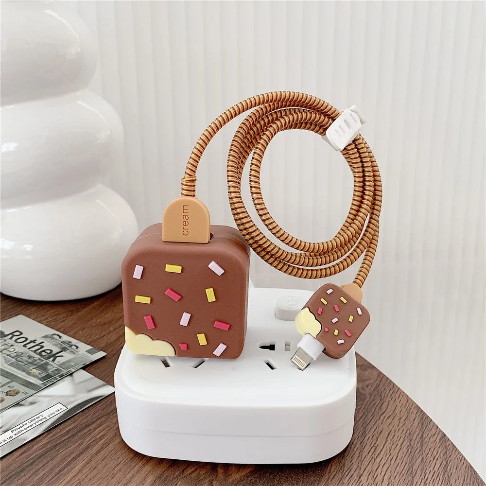 Ice Cream Style Silicone Case for iPhone 18W / 20W Charger Adapter Protector Set with Charging Cord Cover - Brown - 3