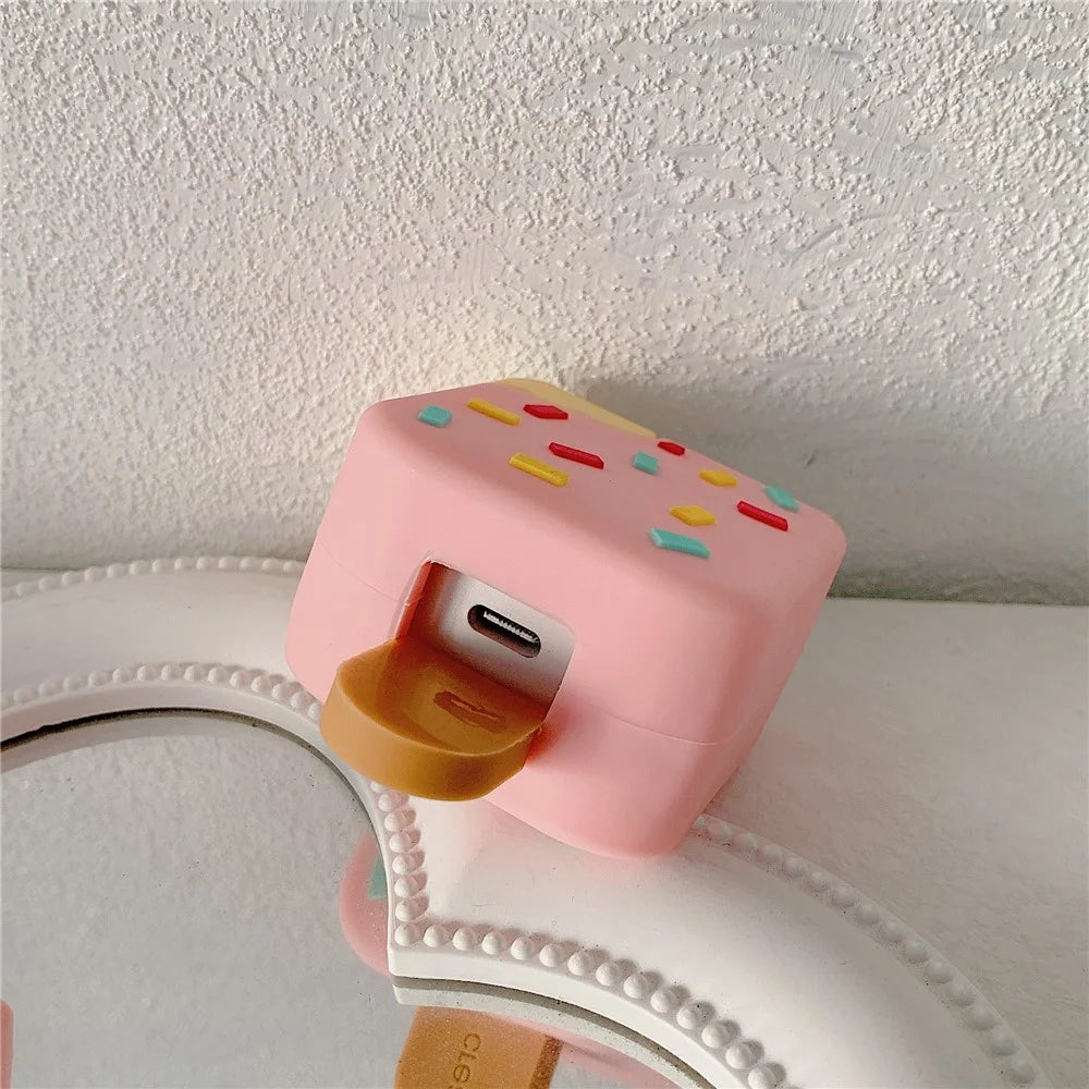 Ice Cream Style Silicone Case for iPhone 18W / 20W Charger Adapter Protector Set with Charging Cord Cover - Brown - 7