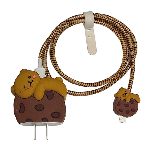 Cartoon Style Protective Case for iPhone 18W / 20W Charger Block Silicone Cover Set with Charging Cable Case - Cookie Bear - 1