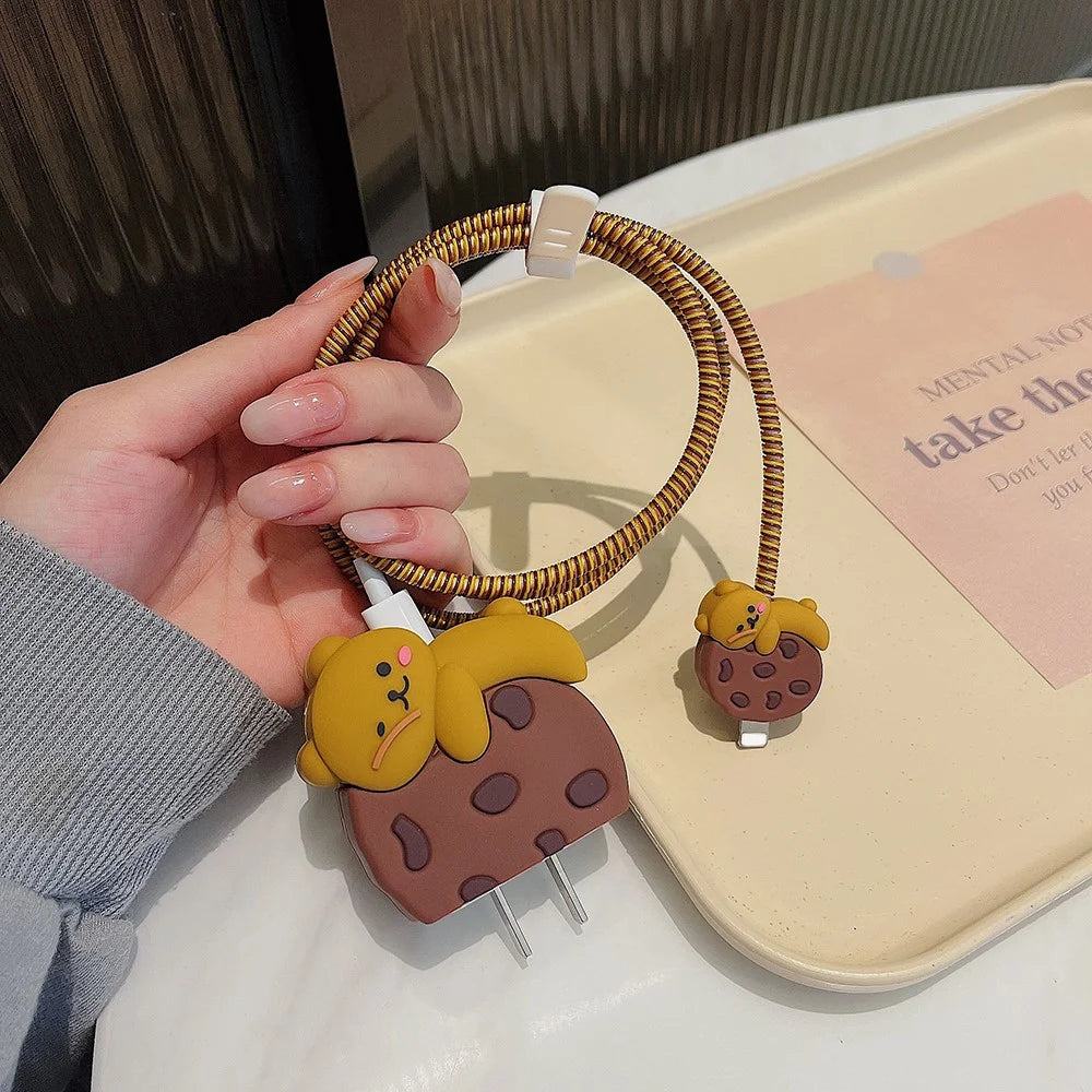 Cartoon Style Protective Case for iPhone 18W / 20W Charger Block Silicone Cover Set with Charging Cable Case - Cookie Bear - 4