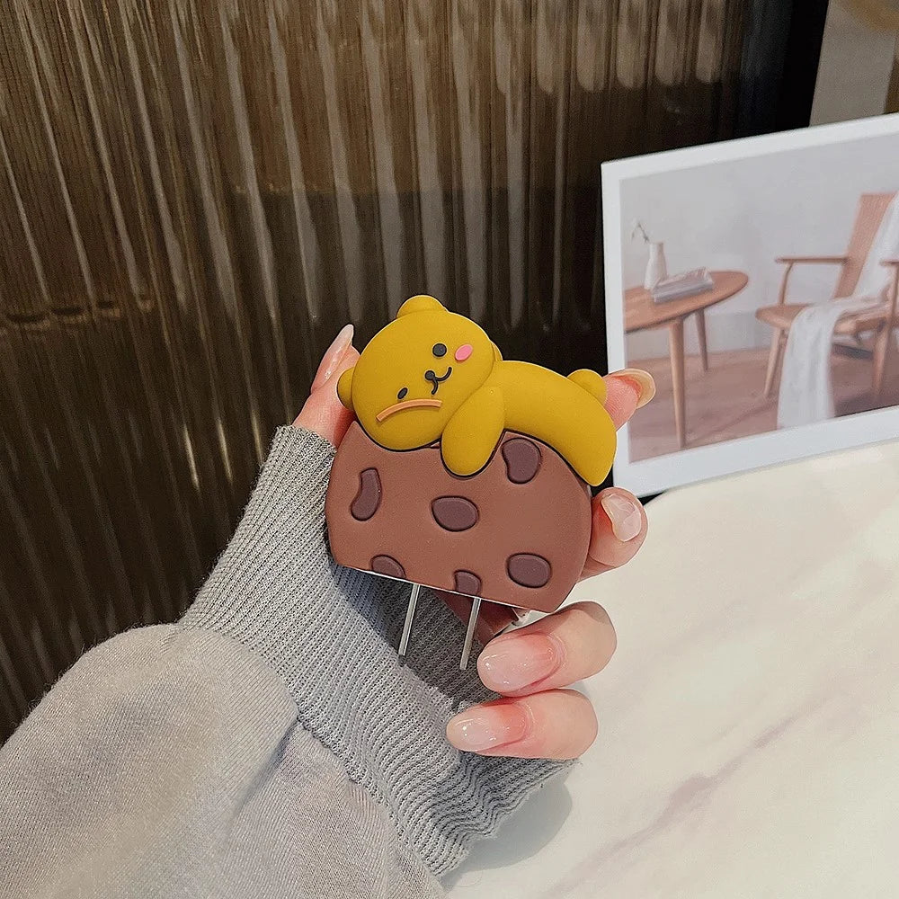 Cartoon Style Protective Case for iPhone 18W / 20W Charger Block Silicone Cover Set with Charging Cable Case - Cookie Bear - 6