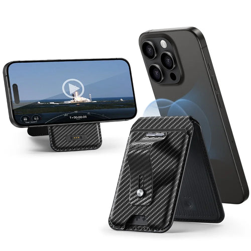 ESR 2K609 Magnetic Card Holder Wallet Stand Grip Finger Loop Compatible with Apple Find My - Black Carbon Fiber - 1