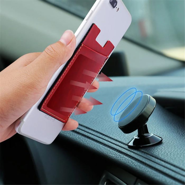 MRC02 PU Leather Sticky Single Card Holder Magnetic Car Mount Phone Card Case - Red - 4