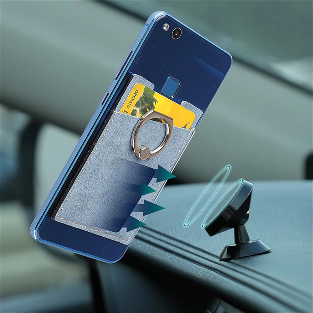 MRC01 PU Leather Phone Card Holder Ring Kickstand Card Case Support Magnetic Car Mount - Light Brown - 6