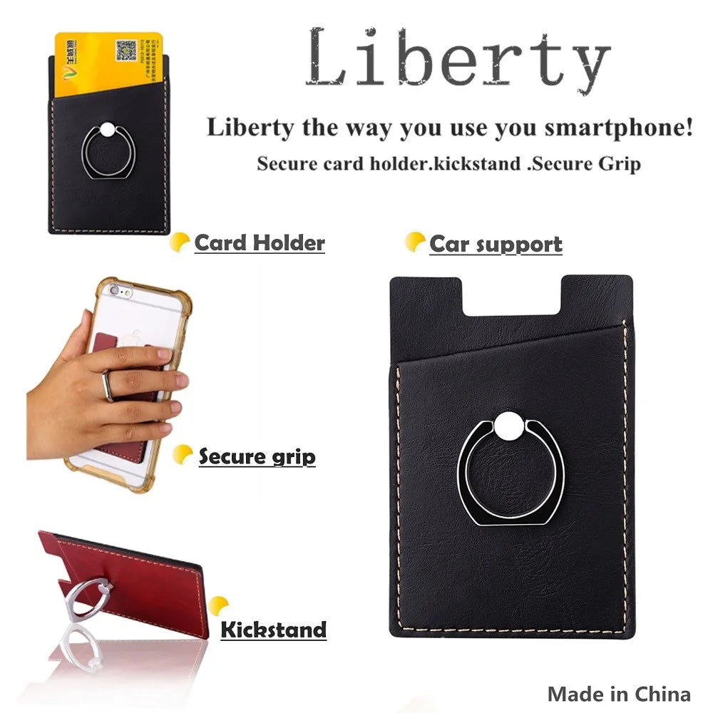 MRC01 PU Leather Phone Card Holder Ring Kickstand Card Case Support Magnetic Car Mount - Light Brown - 7
