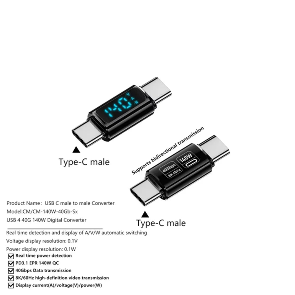 Type-C Male to Male 40Gbps PD 140W Digital Display Charging Data Transmission Adapter - Black - 5