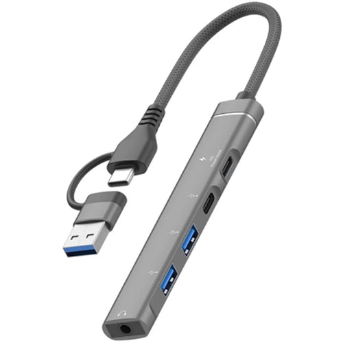 Type-C / USB-A 5-in-1 USB Hub Type-C Charging + Type-C Data + 2xUSB + 3.5mm Headset Jack Adapter - Grey - 1