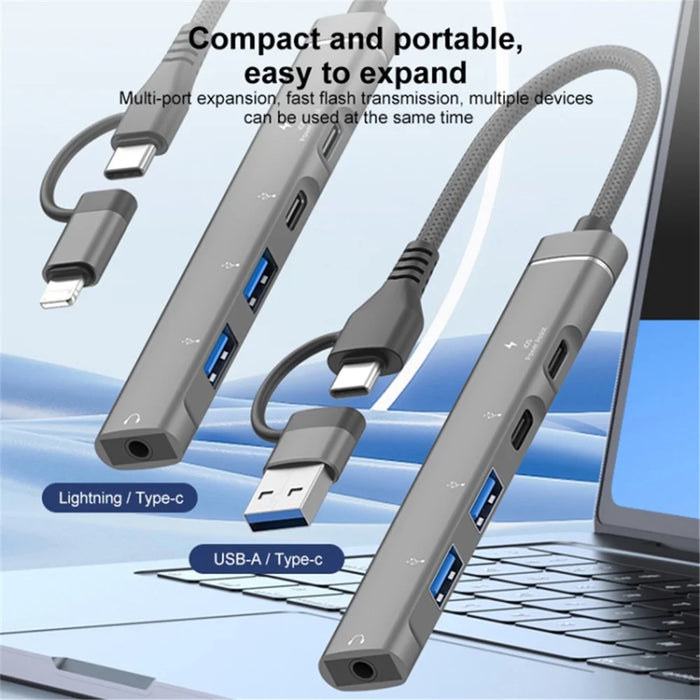Type-C / USB-A 5-in-1 USB Hub Type-C Charging + Type-C Data + 2xUSB + 3.5mm Headset Jack Adapter - Grey - 2