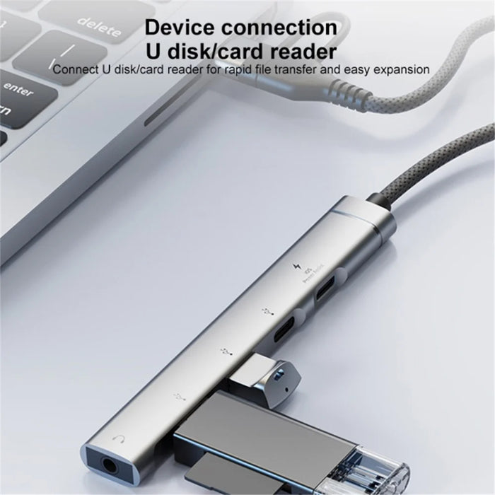Type-C / USB-A 5-in-1 USB Hub Type-C Charging + Type-C Data + 2xUSB + 3.5mm Headset Jack Adapter - Grey - 5