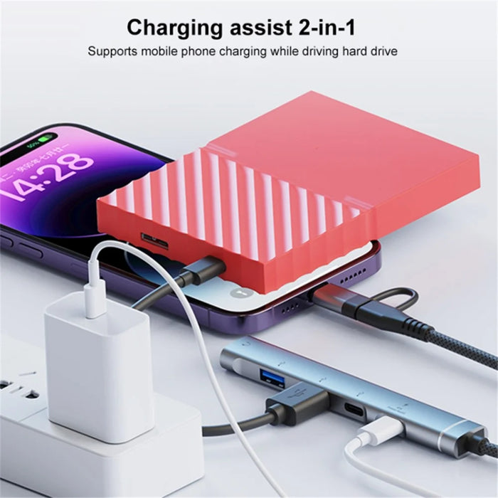 Type-C / USB-A 5-in-1 USB Hub Type-C Charging + Type-C Data + 2xUSB + 3.5mm Headset Jack Adapter - Grey - 7