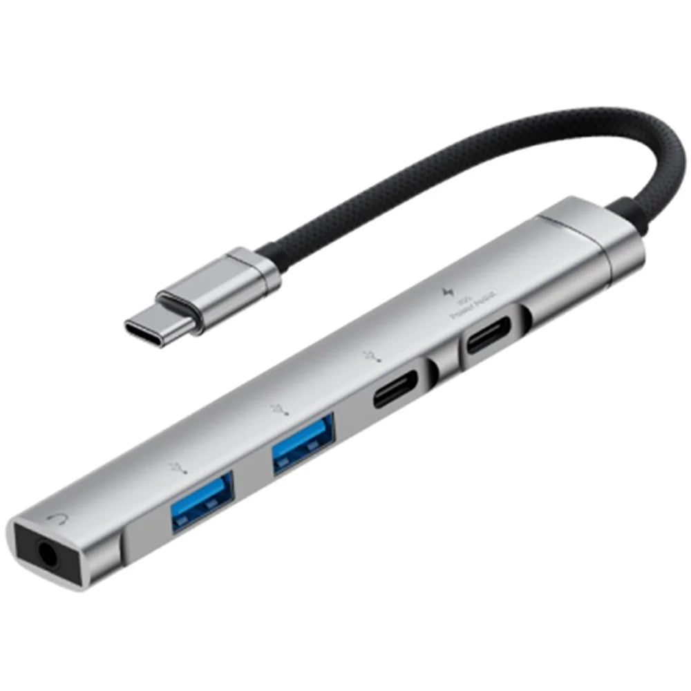 5-in-1 USB Hub Type-C to Type-C Charging + Type-C Data + 2 X USB2.0 + 3.5mm Headphone Jack Adapter - Silver - 1