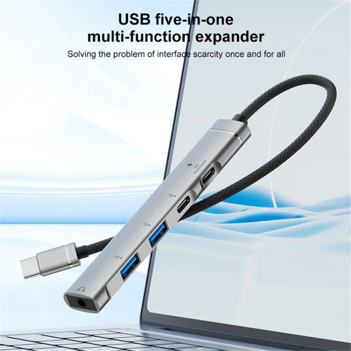 5-in-1 USB Hub Type-C to Type-C Charging + Type-C Data + 2 X USB2.0 + 3.5mm Headphone Jack Adapter - Silver - 2