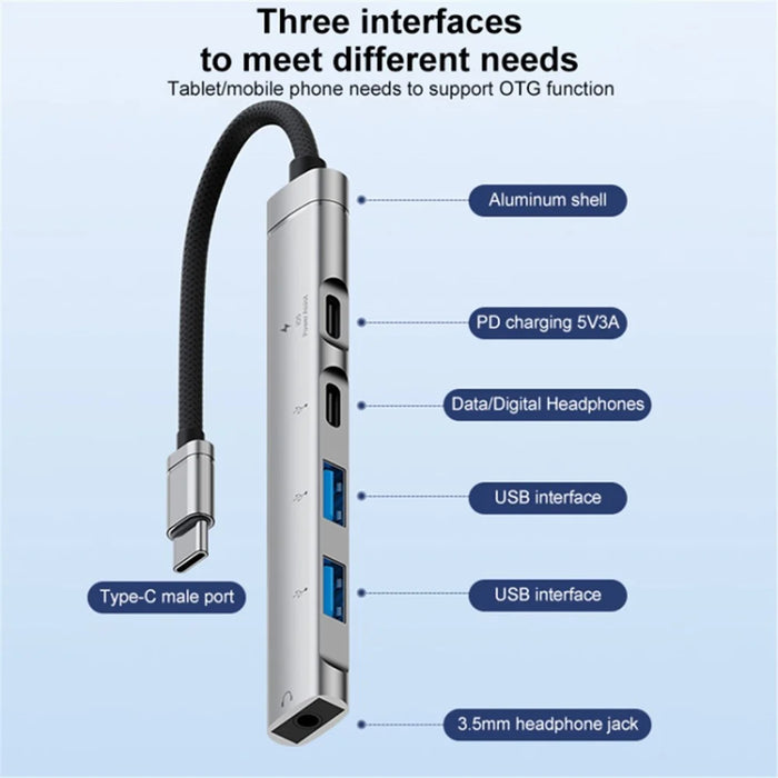 5-in-1 USB Hub Type-C to Type-C Charging + Type-C Data + 2 X USB2.0 + 3.5mm Headphone Jack Adapter - Silver - 3