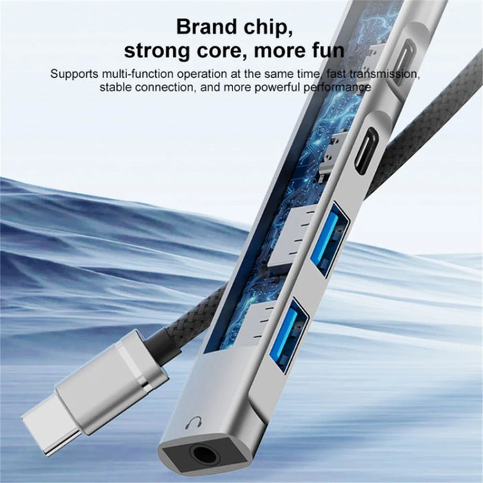 5-in-1 USB Hub Type-C to Type-C Charging + Type-C Data + 2 X USB2.0 + 3.5mm Headphone Jack Adapter - Silver - 4