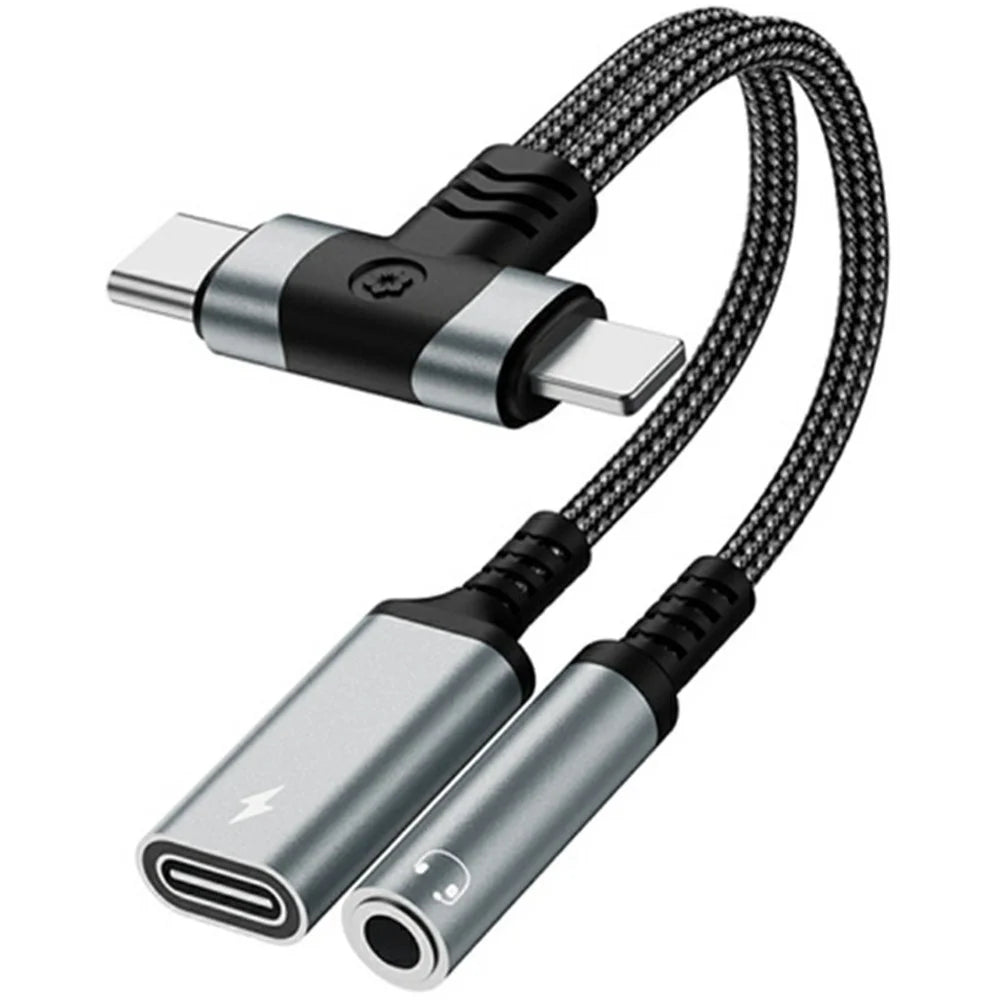 8 Pin / Type-C to Type-C + 3.5mm Audio Converter Nylon Braided Cable Support 10W Fast Charging - Grey - 1