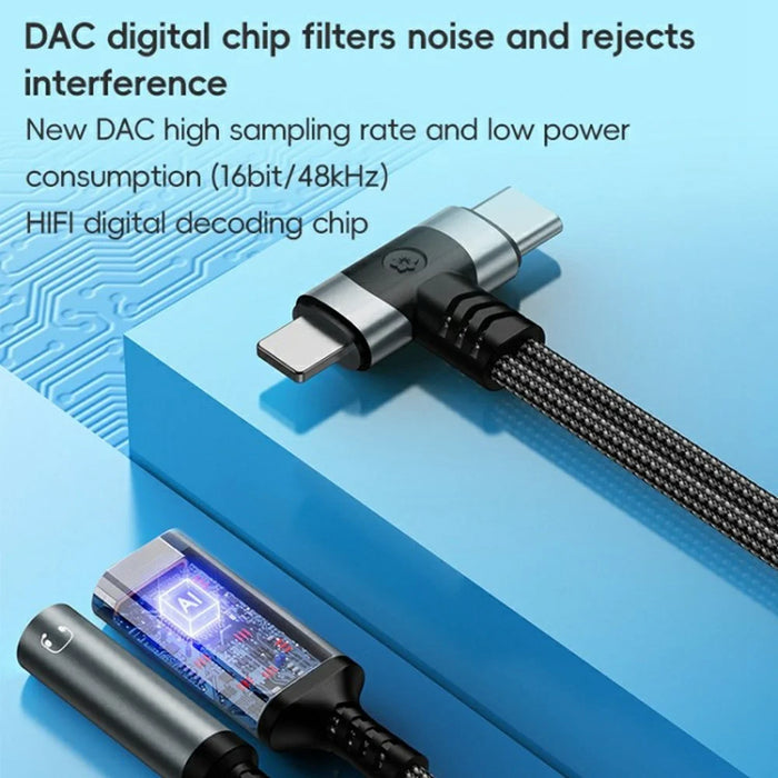 8 Pin / Type-C to Type-C + 3.5mm Audio Converter Nylon Braided Cable Support 10W Fast Charging - Grey - 2