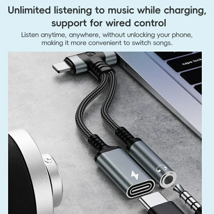 8 Pin / Type-C to Type-C + 3.5mm Audio Converter Nylon Braided Cable Support 10W Fast Charging - Grey - 4
