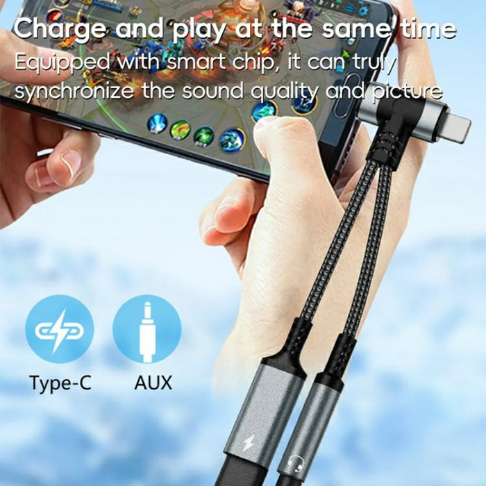 8 Pin / Type-C to Type-C + 3.5mm Audio Converter Nylon Braided Cable Support 10W Fast Charging - Grey - 5