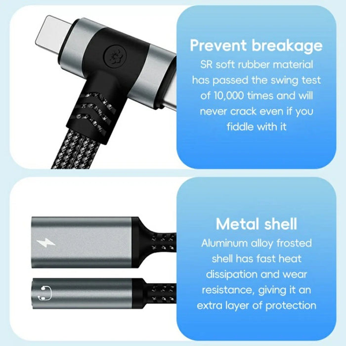 8 Pin / Type-C to Type-C + 3.5mm Audio Converter Nylon Braided Cable Support 10W Fast Charging - Grey - 6