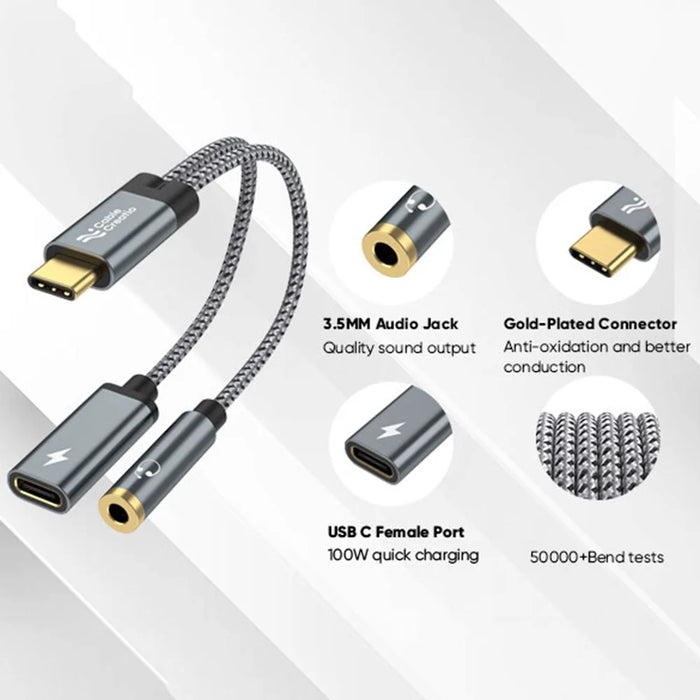 CABLECREATION CD0857 2-in-1 Type-C Gold-Plated Male to Type-C Female + 3.5mm Female Adapter Cable - 3
